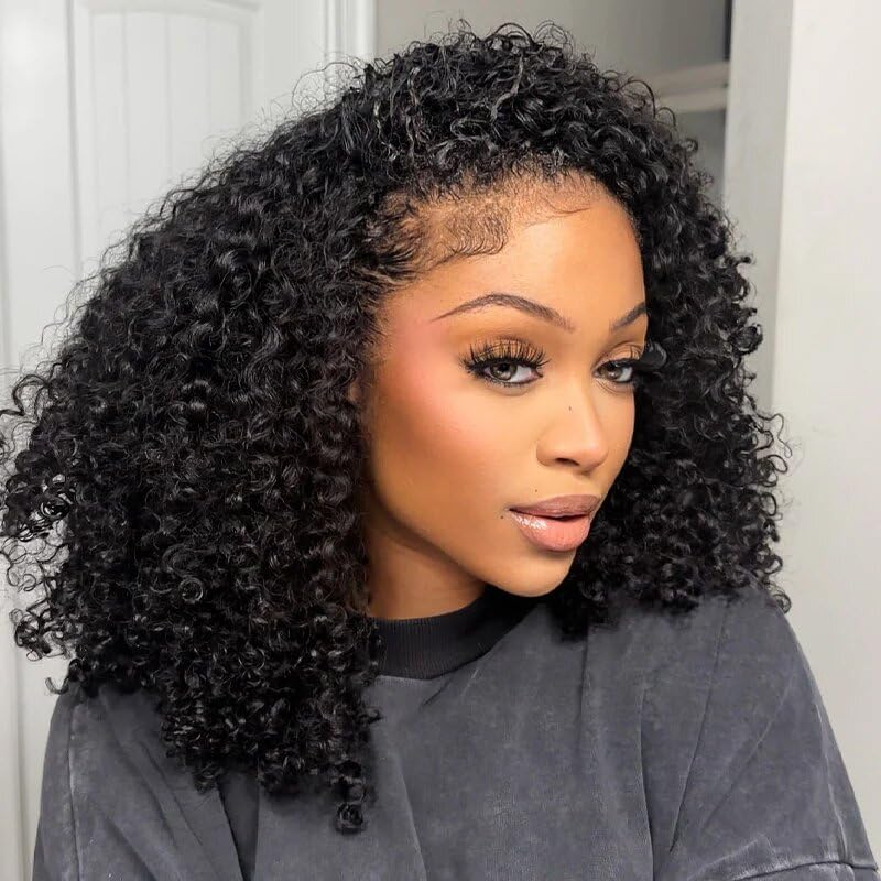 ISEE Half Wig Human Hair Glueless Wigs Upgrade 3 IN 1 Half Wig With Drawstring Seamless Clip Ins Flip Over Kinky Curly Human Hair No Glue No Lace For Women 180 Density 16 Inch